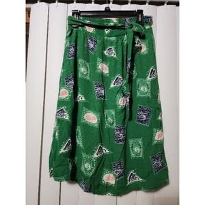 Anthropologie Porridge Getaway Postage Stamp Printed Midi Skirt Green M Pockets